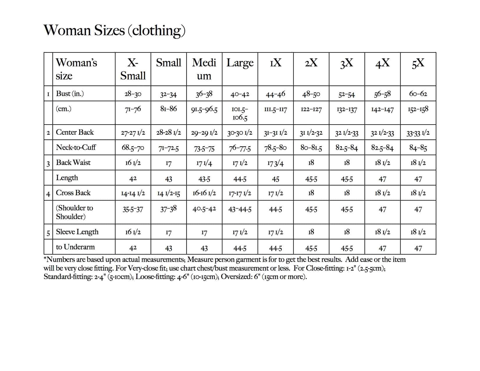 Size Chart Women S