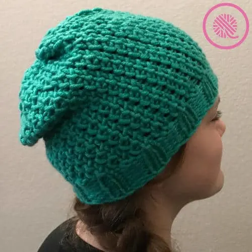 needle knit seagrass slouchy hat finished side view