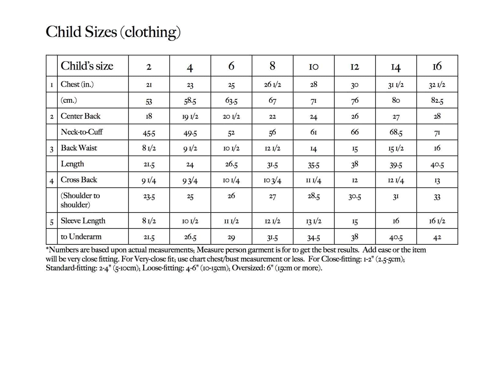 4 Size Chart