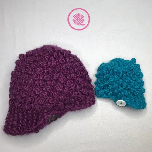 Bobble Button Newsboy Hat shown in woman's and baby's sizes