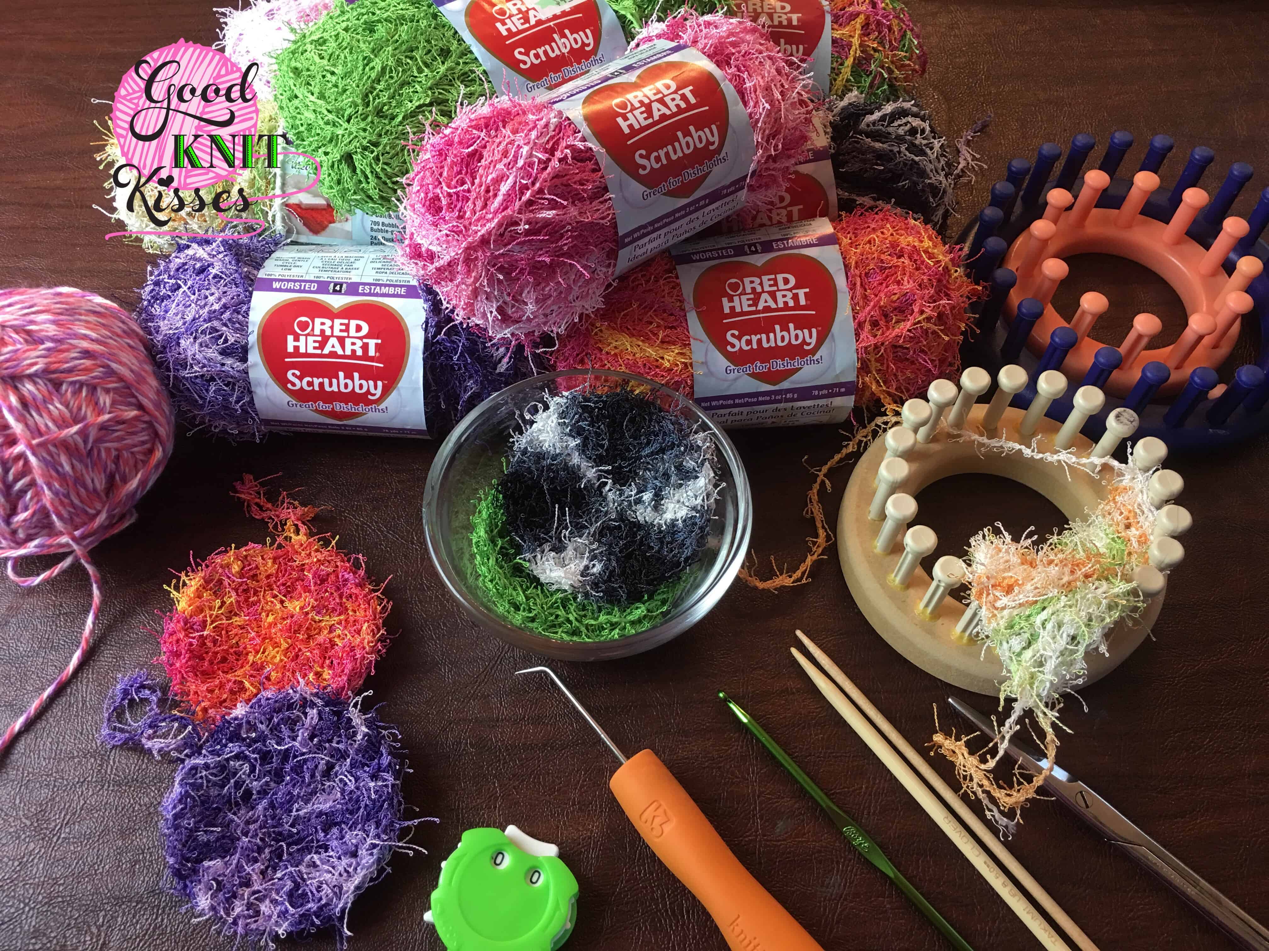 Knit and Crochet Flowers in Red Heart Scrubby Yarns