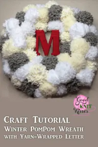 Make your own Winter PomPom Wreath and bring the snow inside. The fluffy pompom snowballs surround your yarn-wrapped initial. https://www.goodknitkisses.com/winter-pom-pom-wreath/ #goodknitkisses #pompom #pompomwreath #pompomcrafts #winterwreath