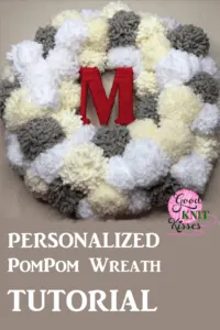 Make your own Winter PomPom Wreath and bring the snow inside. The fluffy pompom snowballs surround your yarn-wrapped initial.  https://www.goodknitkisses.com/winter-pom-pom-wreath/ #goodknitkisses #pompom #pompomwreath #winterwreath