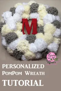 Make your own Winter PomPom Wreath and bring the snow inside. The fluffy pompom snowballs surround your yarn-wrapped initial. https://www.goodknitkisses.com/winter-pom-pom-wreath/ #goodknitkisses #pompom #pompomwreath #winterwreath