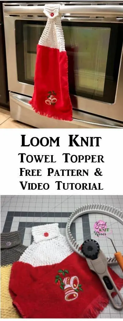Make a Loom Knit Towel Topper with this free pattern and video from GoodKnit Kisses. https://www.goodknitkisses.com/loom-knit-towel-topper/ #goodknitkisses #knitgift #loomknit #loomknitting #loom