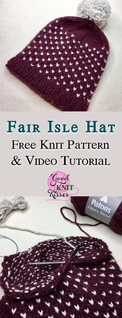 Learn to knit 2-color Fair Isle with this cozy alpaca blend hat. https://www.goodknitkisses.com/fair-isle-knit-hat/ #goodknitkisses #fairisleknit #knittingpattern #freepattern #knithat