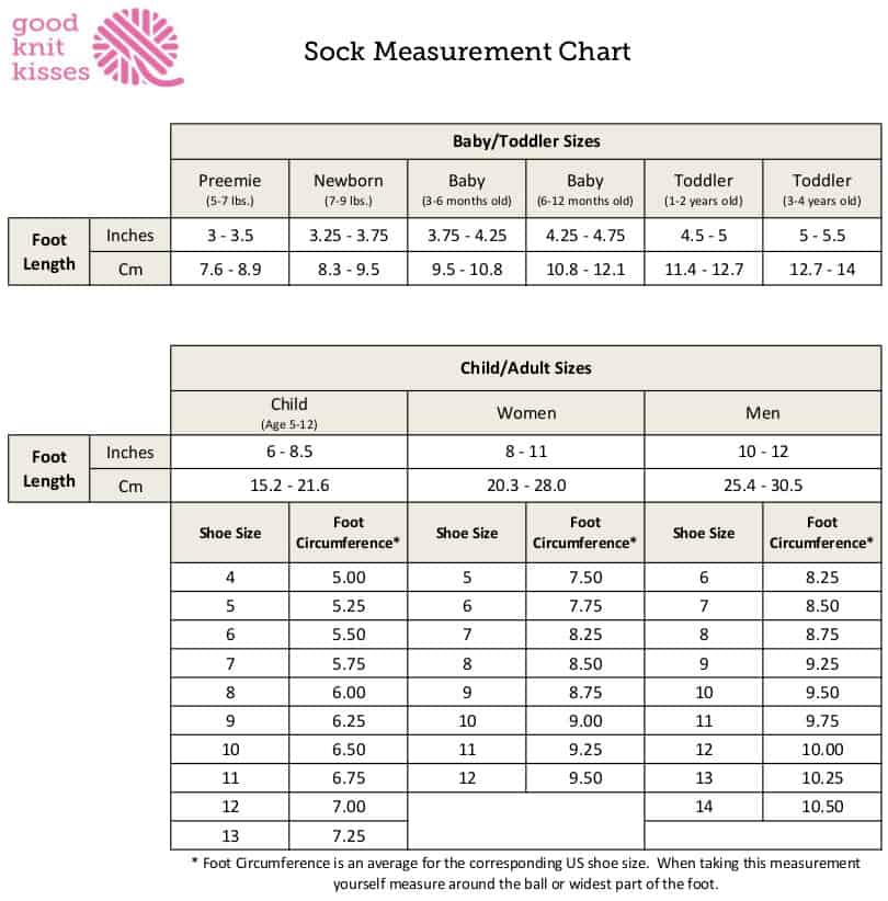 infant sock size chart