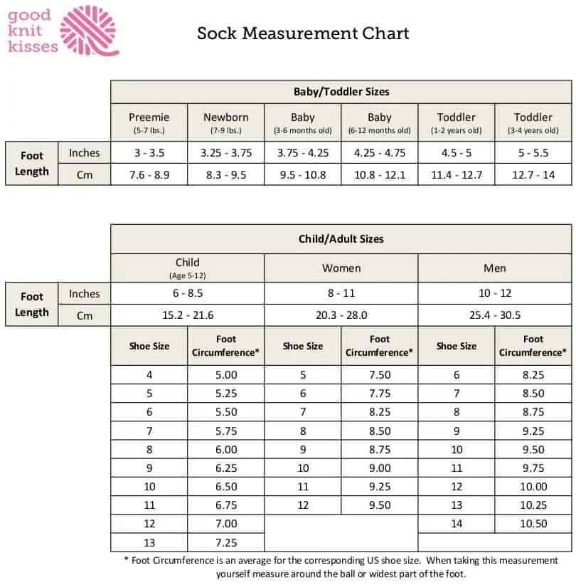 Sock Measurement Chart Baby to Adult https://www.goodknitkisses.com/sock-calculator/ #goodknitkisses #knitsocks #knitting #loomknitting #knit