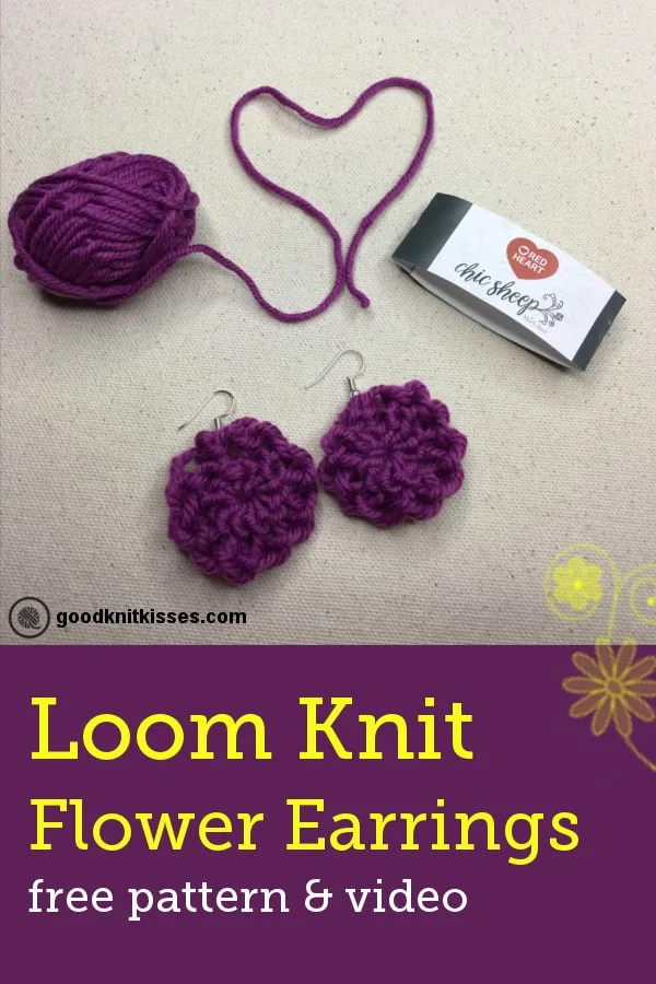 Knit these adorable earrings on a small flower loom. Free pattern and video. https://www.goodknitkisses.com/easy-loom-knit-flower-earrings/ #goodknitkisses #loomknit #loomknitting #knitjewelry #diyearrings