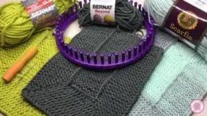 Ten Stitch Samples with different yarn and Purple Knifty Knitter Loom