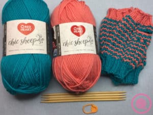 Chic Fingerless Mitts with yarn and supplies