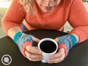 Chic Fingerless Mitts with coffee