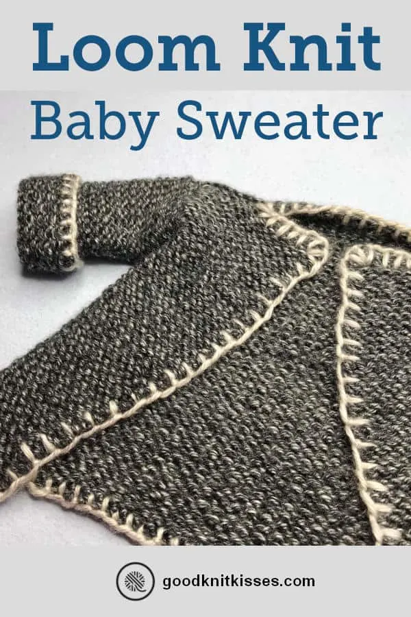 Loom Knit Baby Sweater PIN image of finished sweater laying a table