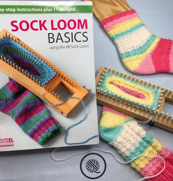 loom knit socks that fit book, sock on loom and finished sock