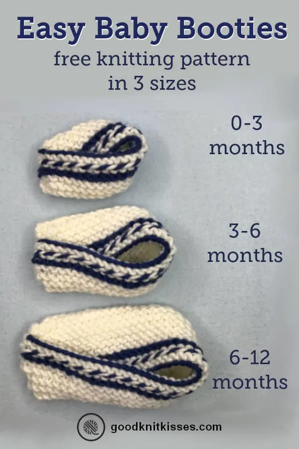 Knit Two Color baby booties pin showing 3 sizes