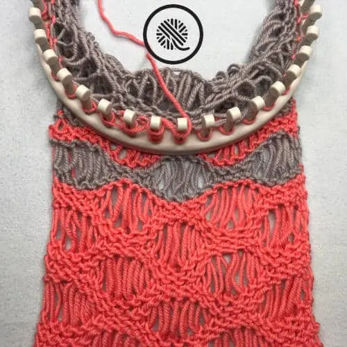 coral breezes infinity scarf in progress on the loom