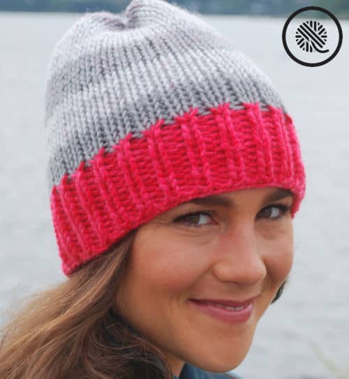 double loom knit chunky rib brim hat finished project on model