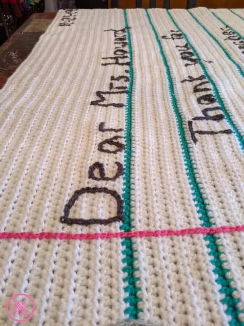 crochet thank you note blanket close up of top line