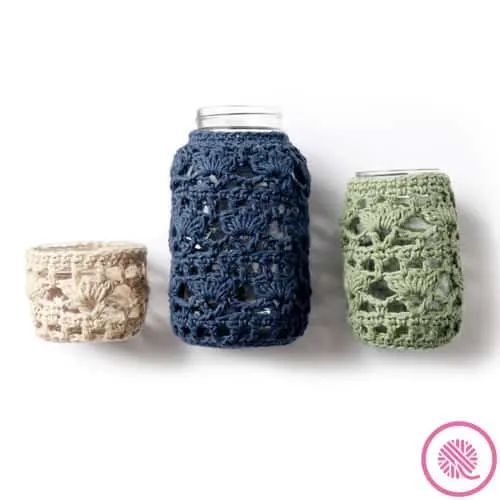 jar cozie crochet pattern showing three sizes