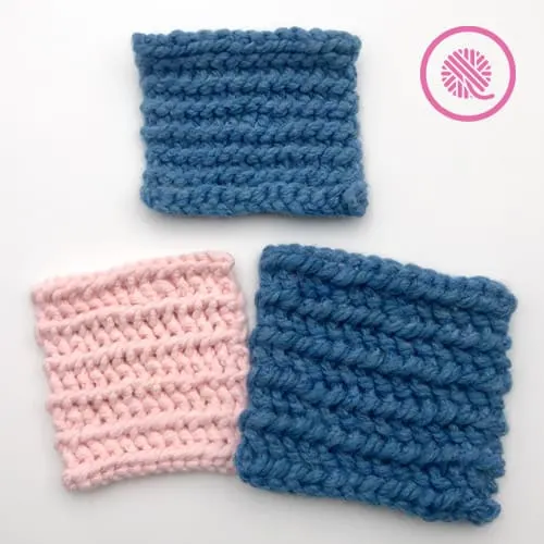 mock garter stitch samples in pink and blue