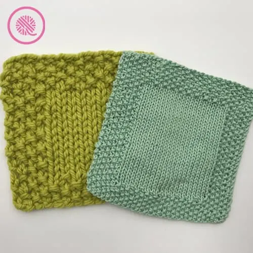 easy seed stitch washcloth with seed border shown in bulky yarn and medium weight yarn