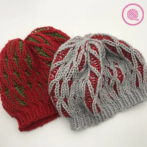 Twisted brioche slouchy tam shown in red/green and gray/red