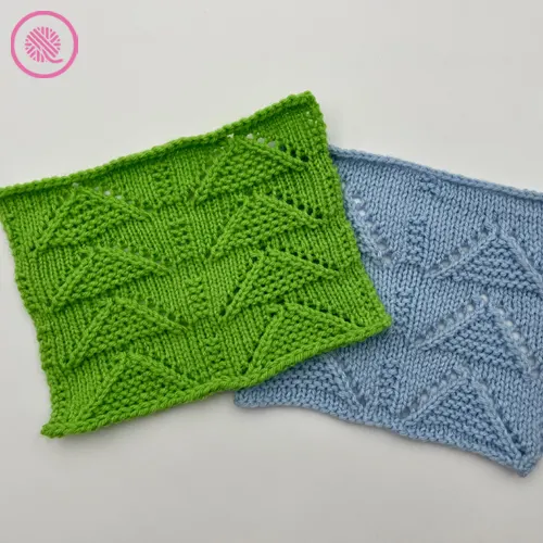 needle knit garter inverted v eyelets squares in green and blue