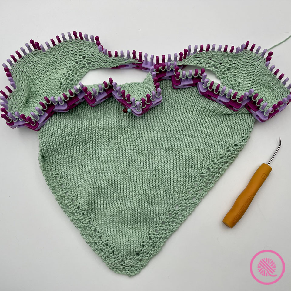 loom knit grandma's eyelet shawl ready for bind off