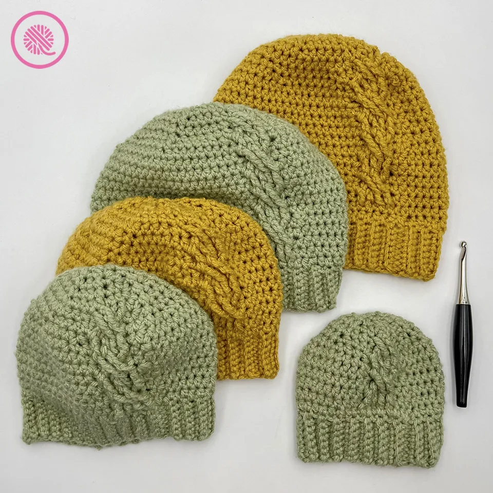 crochet cabled hats for the whole family