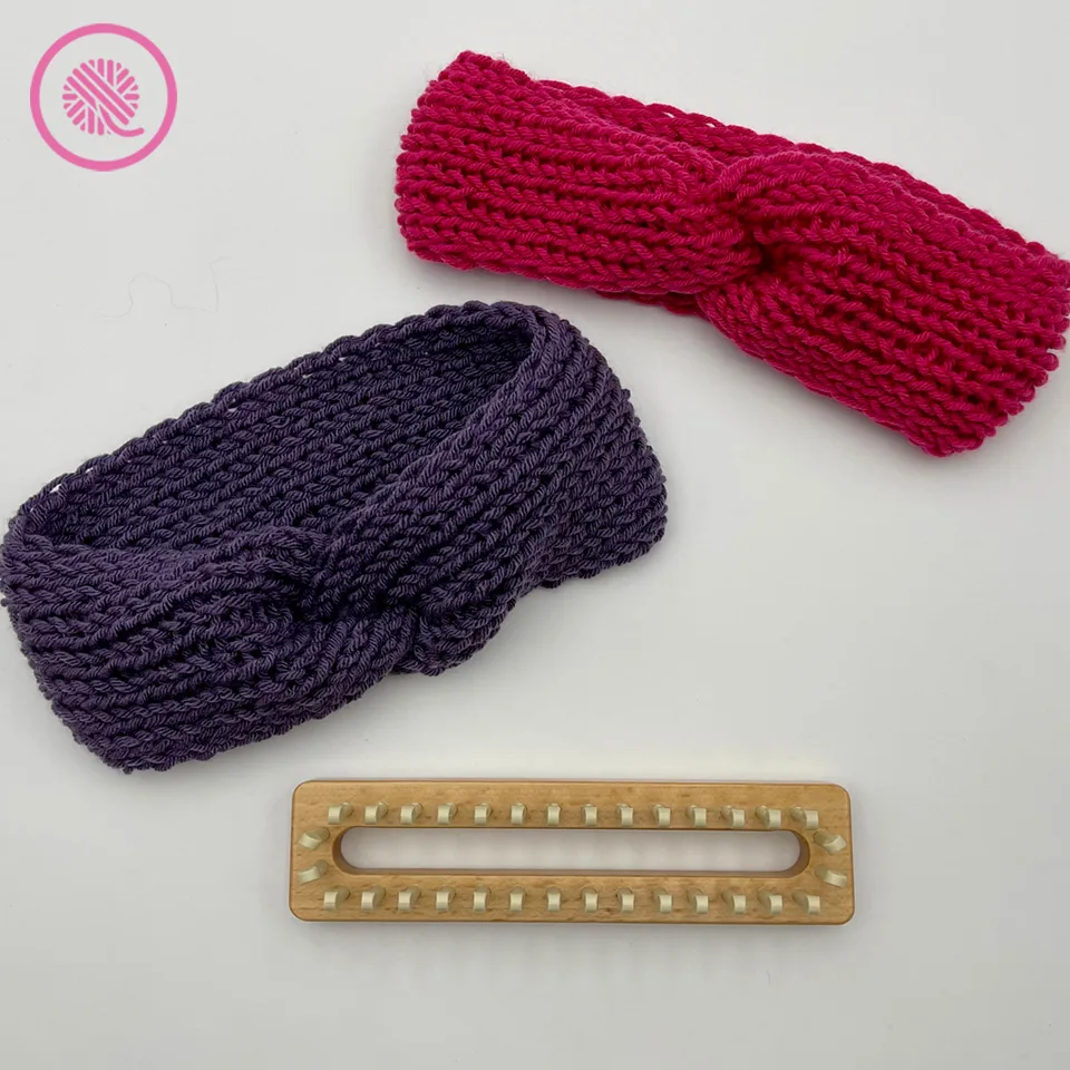 loom knit twisted headband in pink and purple with loom
