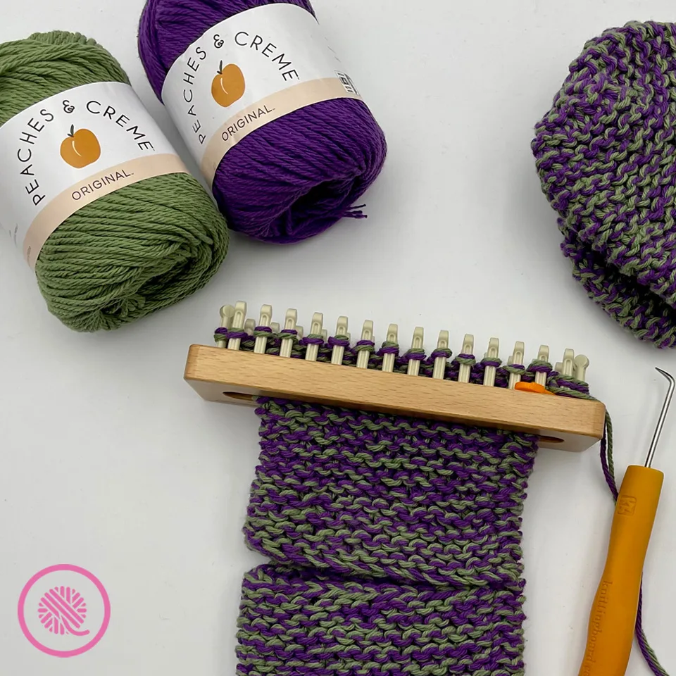 loom knit fingertip potholder with yarn balls