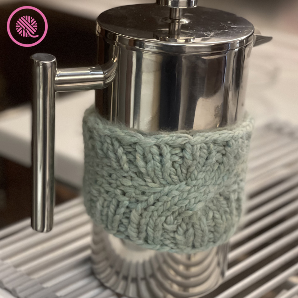 needle knit coffee press cozy slip on version
