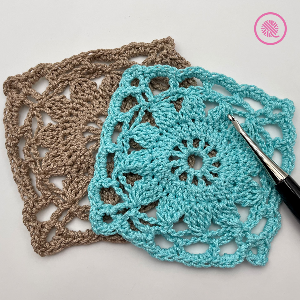 Crochet Sunflower Square in brown and aqua