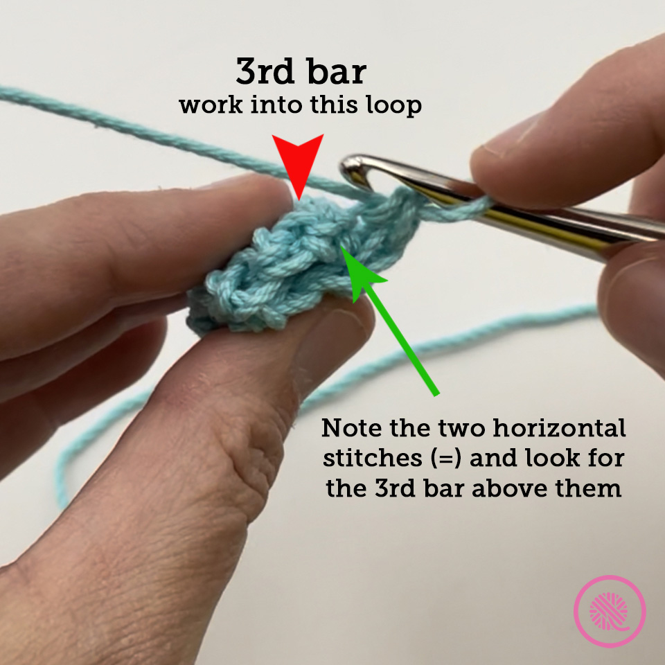 Crochet into third bar of stitch