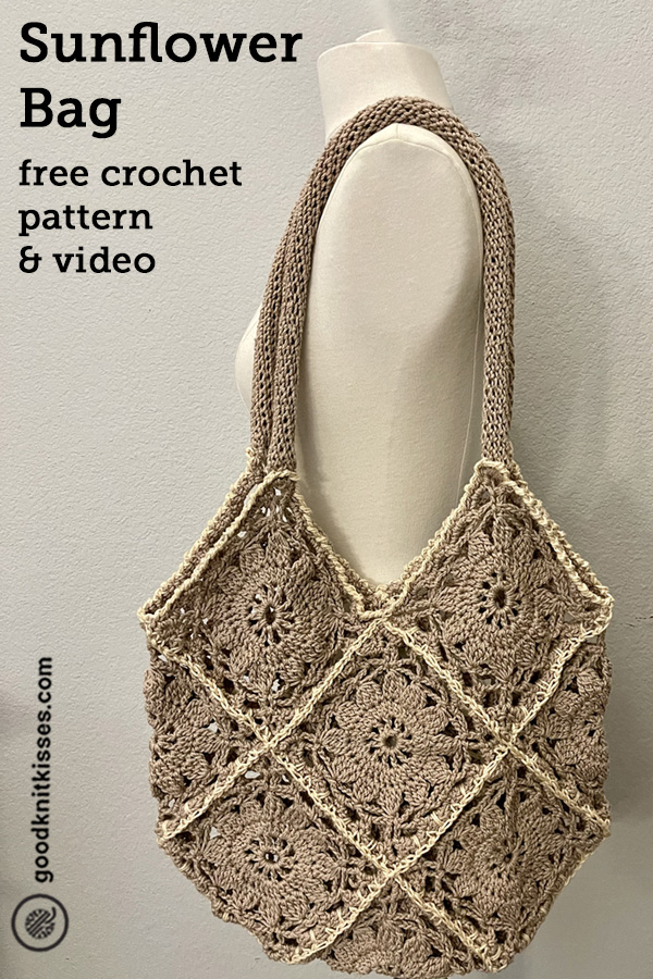 crochet sunflower bag pin image