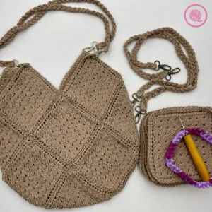 loom knit eyelet bag pictured with bag components (squares and handles)