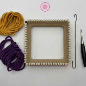 potholder loom supplies with yellow and purple loops
