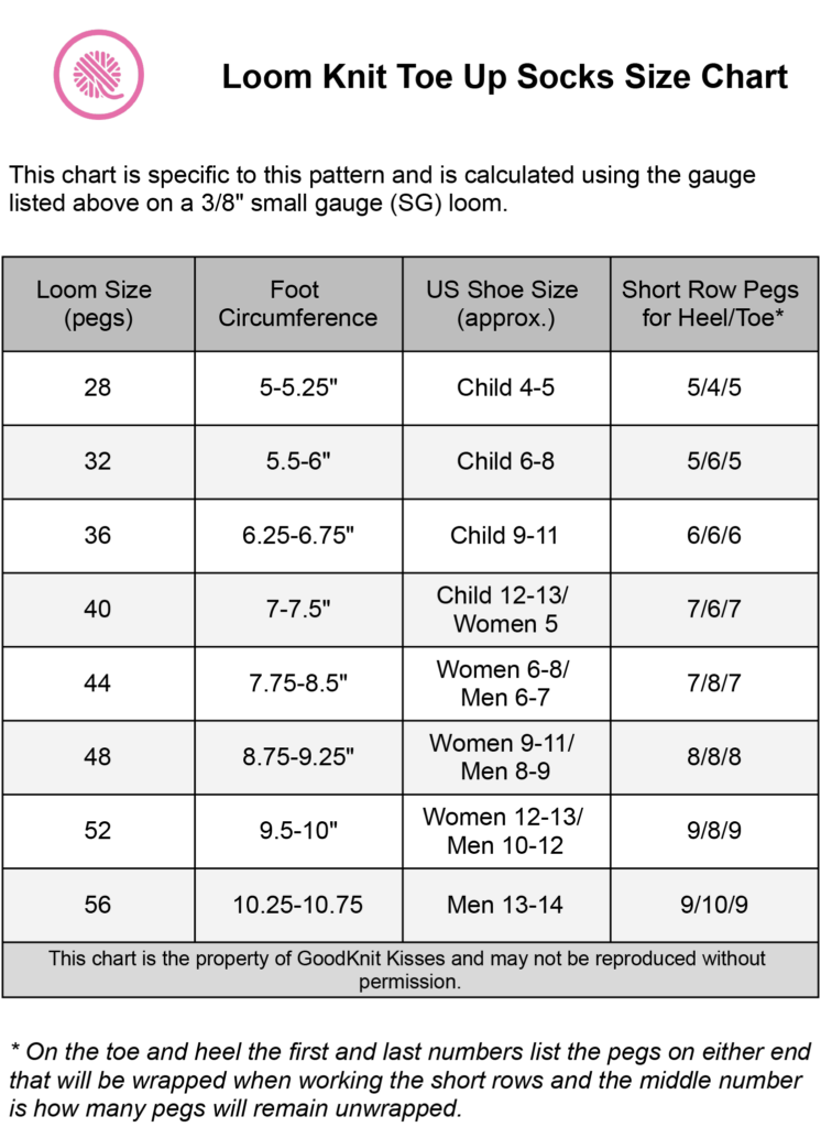 loom knit basic toe-up socks sizing chart